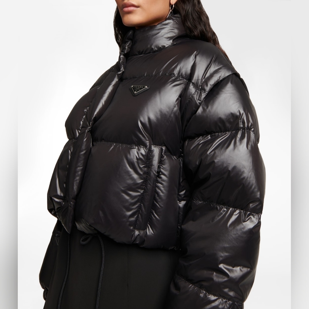 Prada Nylon Black Cropped Puffer Jacket Tonal Silver Hardware